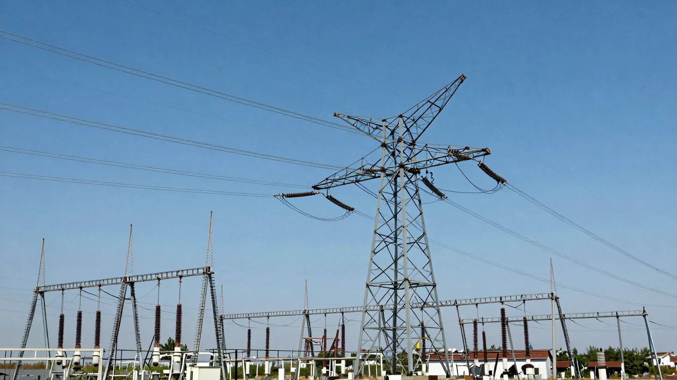 High-voltage transmission towers and electrical grid substations