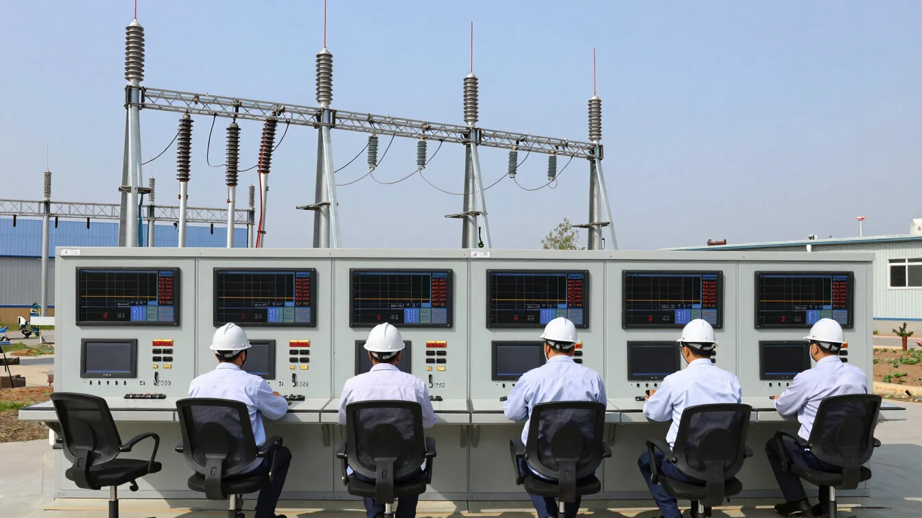 Industrial utility energy control room with engineers monitoring