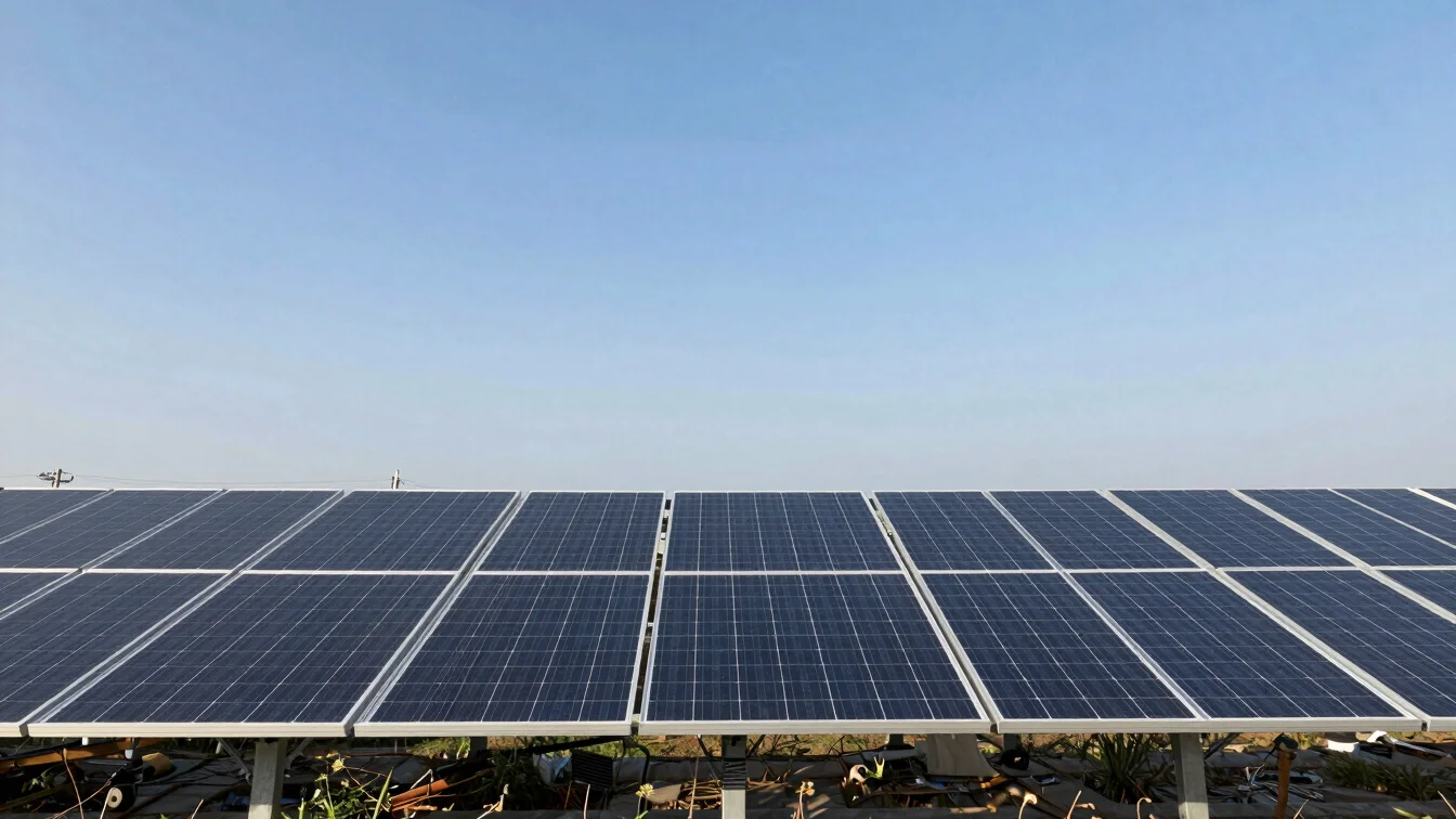 Wide ground-mounted solar panel arrays under direct daylight, cri